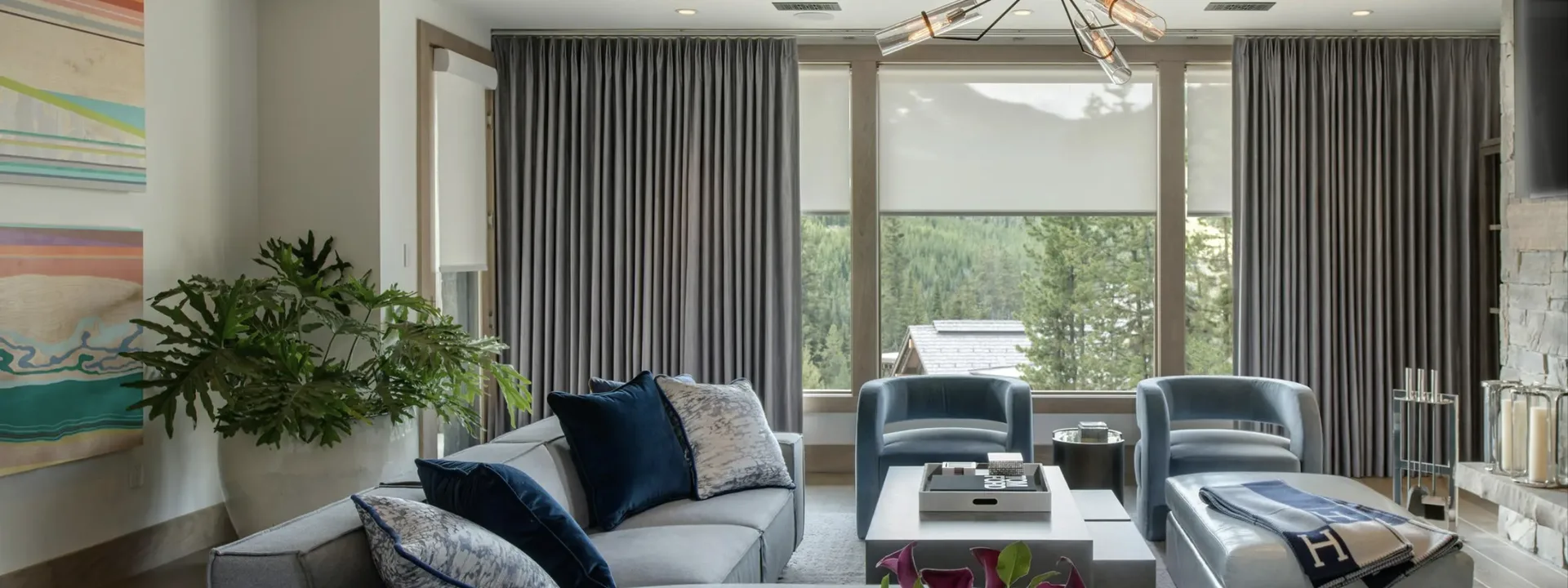 Bedroom with motorised curtains